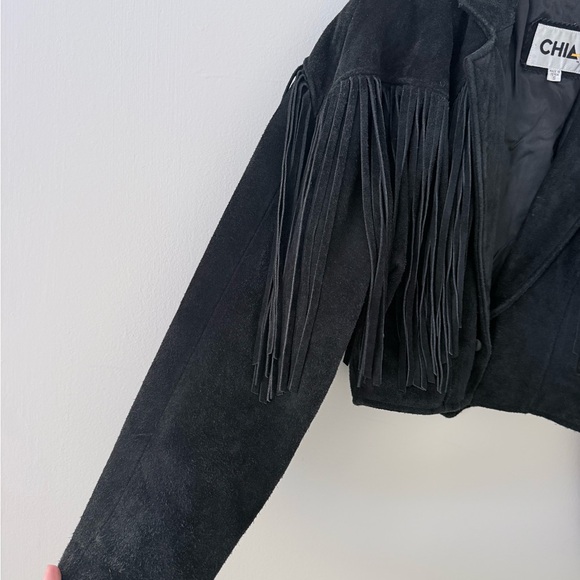 Vintage 1980s Womens Black Suede Leather Jacket Size S Fringe Biker Western Goth - Picture 3 of 10